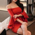 Off Shoulder Elbow-sleeve Sheath Dress Red - One Size