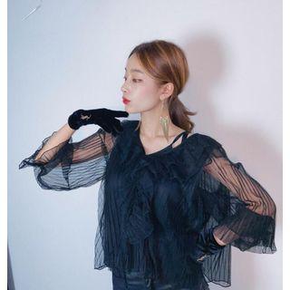 Set: V-neck Ruffled Mesh Blouse + Asymmetric Camisole Top