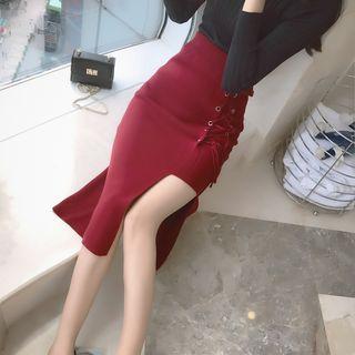 Lace-up Midi Knit Skirt