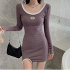 Long-sleeve Contrast Trim Mini T-shirt Dress