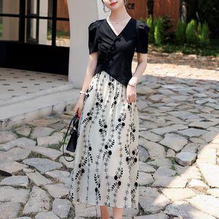 Set: Short-sleeve Asymmetrical T-shirt + Floral Midi A-line Skirt