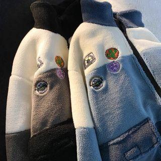Color Block Embroidered Zip-up Fleece Jacket