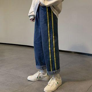 High-waist Striped Fleece-lining Jeans