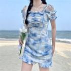 Cold-shoulder Ruffle Trim Tie-dye Print Mini A-line Dress