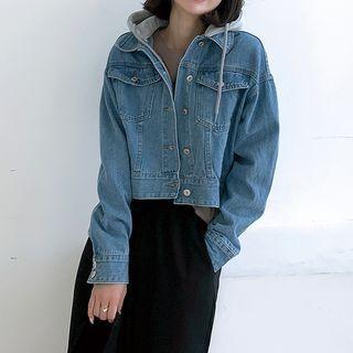 Pocket-detail Hooded Denim Cropped Jacket Blue - One Size
