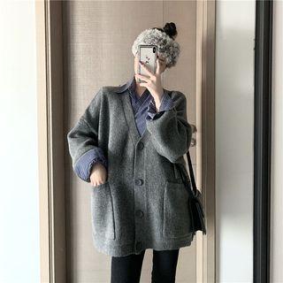 Plain Cardigan / Long-sleeve Striped Wrap Shirt