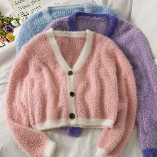 Contrasted Furry-knit Cardigan