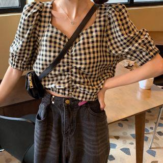 Puff Sleeve V-neck Check Shirt