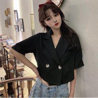 Short-sleeve Double Breasted Cropped Blazer Black - One Size