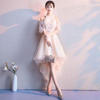 Flower Detail Cold-shoulder Cocktail Dress