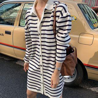 Striped Long-sleeve Knit Dress White - One Size