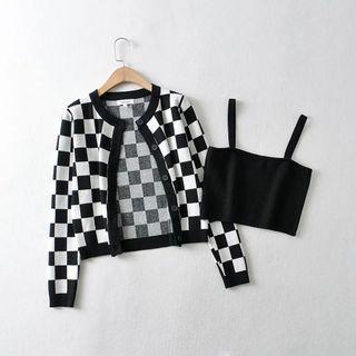 Set: Plaid Cardigan + Spaghetti Strap Top
