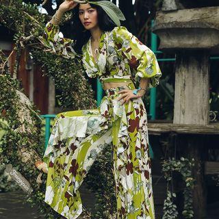 Set: Long-sleeve Floral Cropped Top + Floral Wide Leg Pants