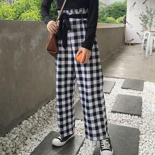 Set: Long-sleeve T-shirt + Plaid Straight Cut Pants