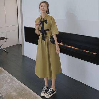 Elbow-sleeve Bow-accent Midi Shirt Dress