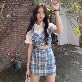 Asymmetrical Plaid Crop Camisole Top / Plaid A-line Skirt / Chain Belt / Set