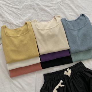 Plain Short-sleeve Square-neck Knit Top