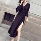Plain V-neck 3/4 Sleeve Side Slit Dress