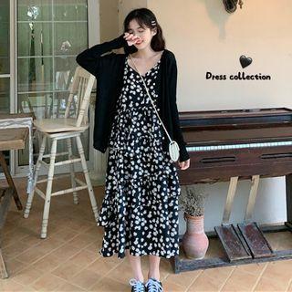 Floral Print Spaghetti-strap Midi A-line Dress Black - One Size