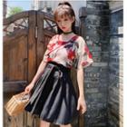 Flower Print Short-sleeve Top / Camisole Top / High Waist A-line Skirt / Set