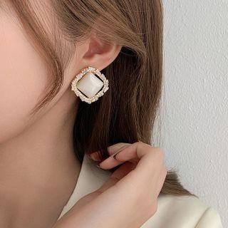 Square Cat Eye Stone Rhinestone Earring 1 Pair - Ring - Cat Eye Stone - Rhinestone - Gold & White - One Size