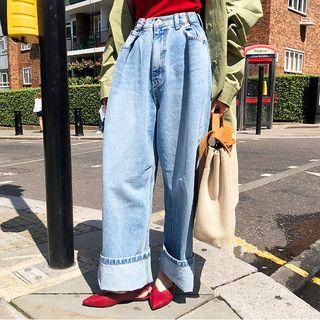 Washed Wide Leg Jeans Denim Blue - One Size