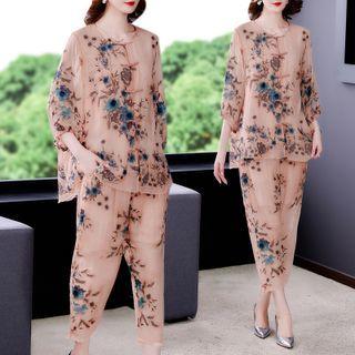 Set: Elbow-sleeve Floral Top + Harem Pants