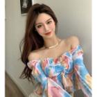 Bell-sleeve Off-shoulder Tie Dye Drawstring Shirred Cropped Top