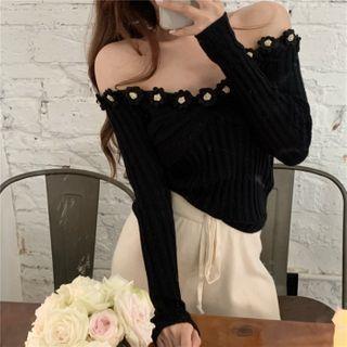 Off-shoulder Flower Accent Knit Top
