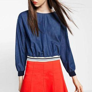 3/4-sleeve Button-back Denim Top