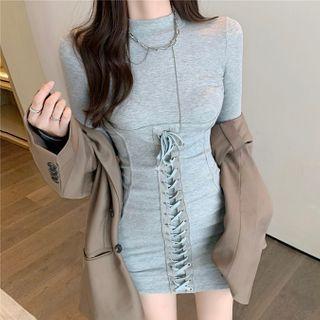 Long-sleeve Mock-neck Lace-up Mini Bodycon Dress