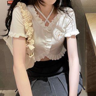 Short-sleeve Bear Print Knit Crop Top