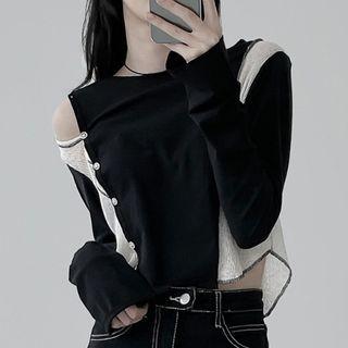 Long-sleeve Round Neck Cutout Two-tone Panel Crop Top