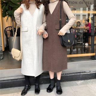 Mock Neck Plain Top / V-neck Woolen Tank Dress