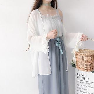 Wide-strap Chiffon Top / Crochet Knit Camisole / Capri Pants / Chiffon Jacket / Open Knit Cardigan