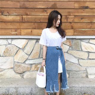 Set: Short Sleeve T-shirt Dress + Distressed Midi Denim Skirt