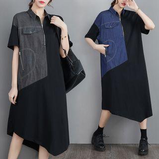 Short-sleeve Denim Panel Polo Midi Dress