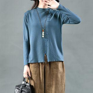 Long-sleeve Mock Neck Button-detail Knit Top