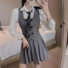 Long-sleeve Shirt With Necktie / Vest / Mini A-line Skirt / Set