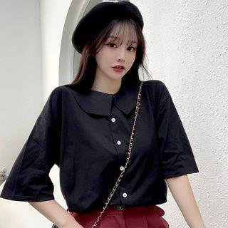 Short-sleeve Plain Collared Blouse