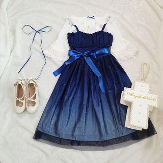 Frill Trim Short-sleeve Blouse / Spaghetti Strap Dress