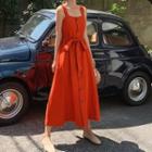 Wide Strap Tie-waist Midi A-line Dress