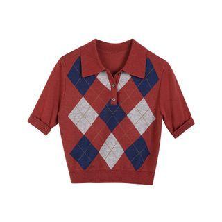 Short Sleeve Argyle Knit Polo Shirt