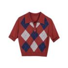 Short Sleeve Argyle Knit Polo Shirt
