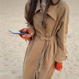 Buttoned Tie-waist Trench Coat Dark Brown - One Size