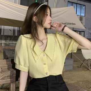 Puff-sleeve Collar Beaded Blouse