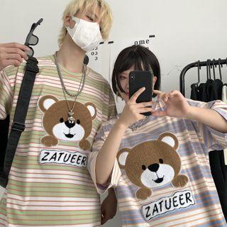 Short-sleeve Bear Embroidered Striped T-shirt