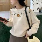 Embroidered Flower Round-neck Sweater White - One Size