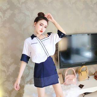 Set: Color Panel Cut Out Shoulder Elbow Sleeve Shirt + A-line Skirt