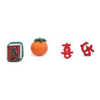 Set: Lunar New Year Chinese Characters / Fruit Alloy Earring (various Designs) Set Of 4 - Red & Orange - One Size
